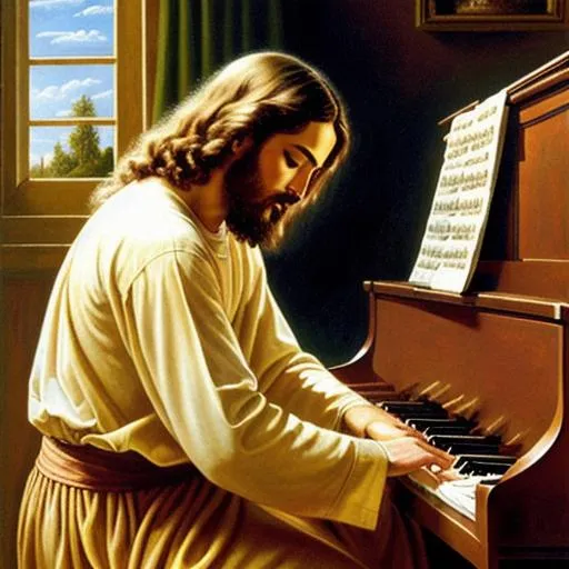 Prompt: Jesus Christ playing the piano in the heavens, beautiful, heavenly, best art, oil painting, detailed