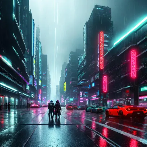 Prompt: cyberpunk city. dark night time atmosphere. bright neonlights. raining on reflective road surface. cyberpunk futuristic cars in the rain on road. pedestrians on the pavement.