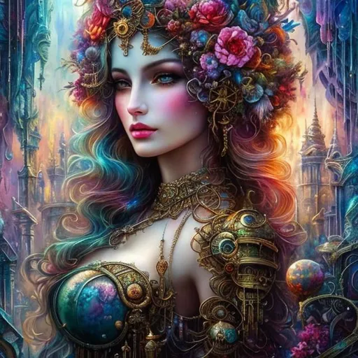 Prompt: watercolor, wet on wet painting of a beautiful floating ethereal woman goddess with a beautiful face, floating in an ethereal sea of dreams among the ruins of an abandoned, post apocalyptic futuristic city, surrounded by flowers and vegetation, in the style of steampunk, Josephine Wall and Daniel Merriam, HD, 8k, High resolution, centered
