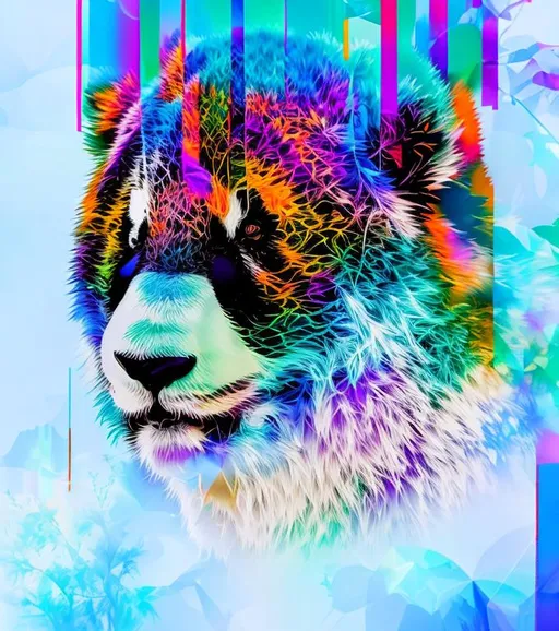 Prompt: Double exposure photography, composed of two combined and overlaid images, portrait of colorful panda bear in the style of tye dye ,tree skyline, forest scape, profile, transparent, layered, close-up, side-view, intricate detail, fine art, stunning, high contrast, silhouette, blend, beautiful lighting, cool colorful, paintography, photorealistic