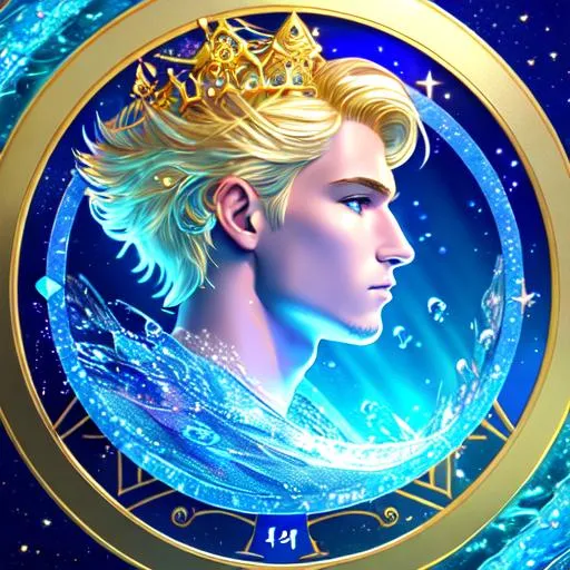 Prompt: portrait Aquarius tarot, profile view, blonde haired(male), sapphire eyes, short hair, (male), sparkles, 3D lightning, water waves, bubbles, dolphin, fish, tarot card (custom), (filigree head decoration), golden halo, 4K, 8K, wide angle, profile view, hyper-realistic, extremely detailed, 1080p quality, picture quality, short hair (male) short hair