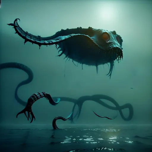 Prompt: swimming in the vast watery plane, surrounded by huge kraken shadow in the deep ocean, eerie deep gravitational lensing in the fog