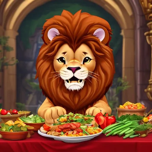 Prompt: delight happy lion  with a red king's cape on throne in palace eating veggies
