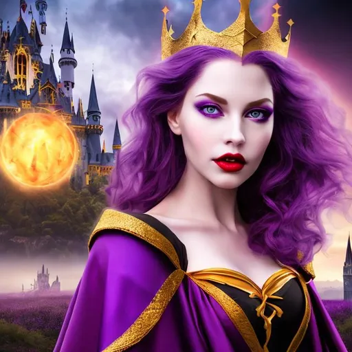 Prompt: professional modeling photo live action human woman hd hyper realistic beautiful evil queen white hair pale skin purple eyes red lips beautiful face light purple dress with cape and gold crown evil magic castle landscape hd background with live action poison apple magic mirror