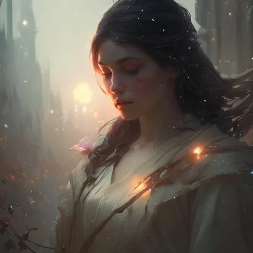 Prompt: "a beautiful painting of in the silent, starlit nights, beautiful flower, girl, by greg rutkowski, trending on artstation"