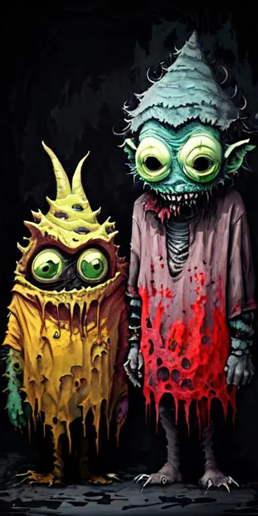 Prompt: two scary monster runepunk standing close to each other, in the style of acrylic art, darkly comedic, slumped/draped, minimalist painter, felt creations, flickr, caninecore 