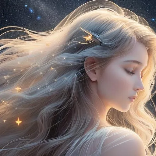 Prompt: A beautiful angel woman with magical flowing hair in the style of constellations and the night sky 
profile picture