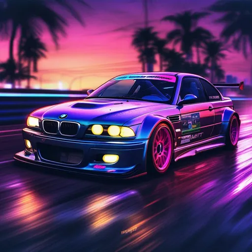 Prompt: 2001 BMW M3 E46 GTR, synthwave, aesthetic cyberpunk, miami, highway, dusk, neon lights, coastal highway, dusk, neon lights, coastal highway, sunset, drift, nurburgring, water on the road, blade runner, 64k, watercolor, macro sharp focus, 8, hyper realistic, cinematic, highly detailed, photoraelistic, clean