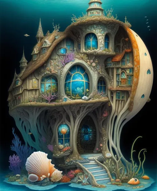 Prompt: a underwater house, made of a granulated frog seashell. art by James jean, Jacek yerka, Jean Baptiste Monge, Daniel Merriam. 