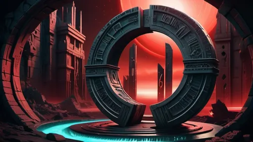 Prompt: magical portal between cities realms worlds kingdoms, circular portal, ring standing on edge, upright ring, freestanding ring, hieroglyphs on ring, complete ring, ancient roman architecture, atlantis setting, red aurora borealis, panoramic view, dark night, futuristic cyberpunk tech-noir setting