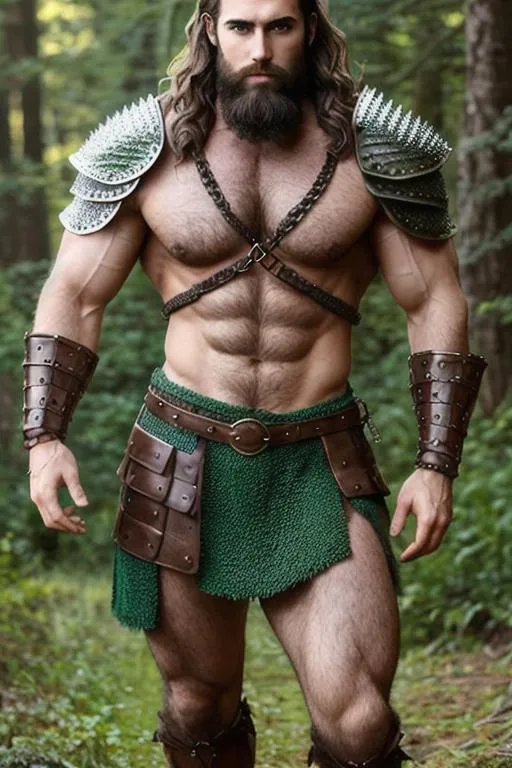 Prompt: male warrior fantasy character, chain mail armor, handsome, strong musculature, extremely hairy chest hair, short wavy hair and short trimmed beard, forest green clothing. 