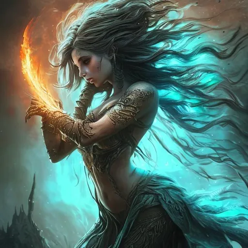 Prompt: Fantasy, Epic, cinematic, 3D, HD, {female}fire Nymph, ultra detailed full body artistic photography, holding a magic fire with two hands, detailed gorgeous face, Beautiful big {moon-shaped}reflective eyes, long flowing turquoise hair, full moon background, Gorgeous detailed face, shadows, brush strokes, ultra sharp focus, William-Adolphe Bouguereau, golden ratio, intricate, cinematic character render, hyper realistic, 64K 