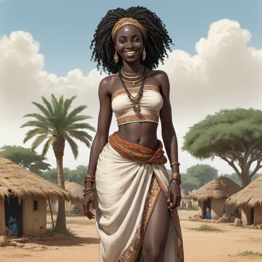 Prompt: Full body, Fantasy illustration of a senegalese woman, 26 years old, amused expression, traditional garment, curly black hair, high quality, rpg-fantasy, detailed, Senegal landscape background