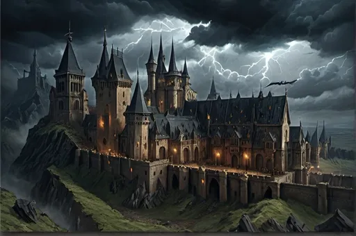 Prompt: Warhammer RPG-style illustration of a massive castle, detailed stonework and towering spires, ominous stormy sky, high-quality digital painting, dark fantasy, gothic architecture, dramatic lighting, epic scale, menacing atmosphere, atmospheric lighting, detailed textures, chaotic battle scene, fantasy, RPG, sinister tones, intricate details, by square