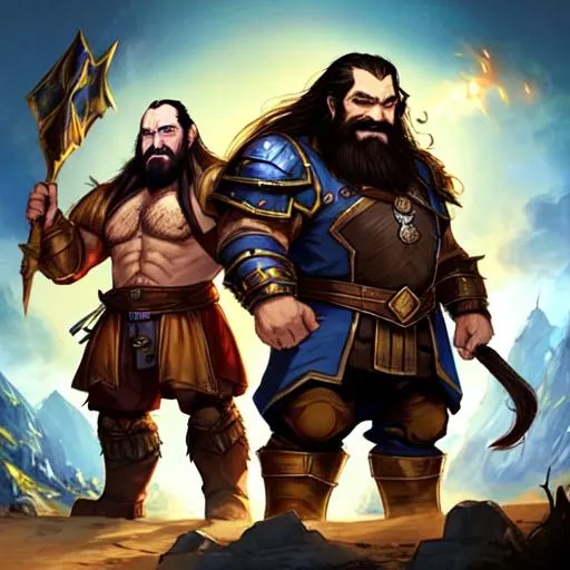 Prompt: Man and a dwarf standing back to back, smiling, medieval warcraft setting.  Man has long black hair and beard and mustache, male dwarf with long brown hair and beard with receding hairline,