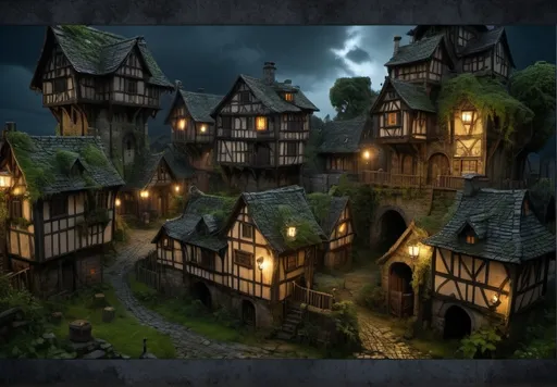 Prompt: Weathered Warhammer fantasy RPG style village, in night, after rain,detailed buildings, overgrown with moss and ivy, ominous atmosphere, high quality, dark fantasy, weathered textures, gothic architecture, moody lighting, detailed cobblestone streets, high res, realistic, cloudy sky