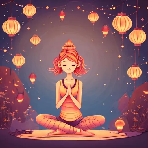 Prompt: Girl with rose gold hair yoga with lanterns colorful storybook illustrations 