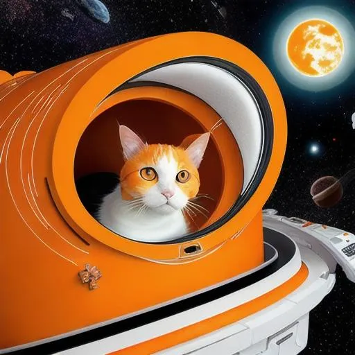 Prompt: Orange and white cat in space ship 