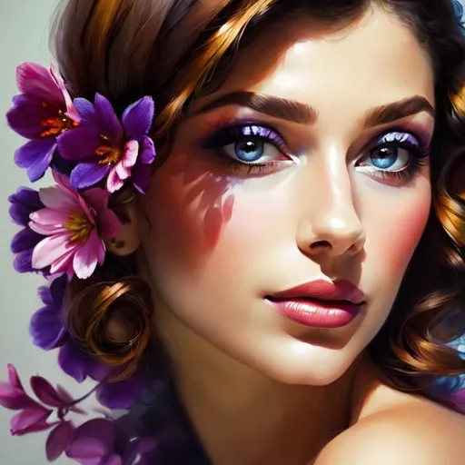 Prompt: Beautiful brunette woman with makeup portrait Flowers in hair, facial closeup