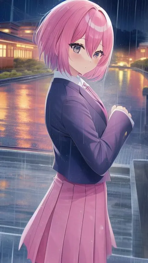 Prompt: Girl with pink hair , night, anime, city, train, landscape photography, rain, blue, rill, thai girl, spirit away, short hair  , school uniform, water colors style 