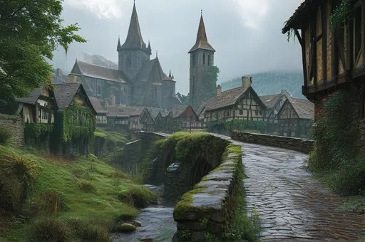 Prompt: Bustling medieval village, tall castle, ivy covered church, stone bridge over river, rolling forested hills, rainy, muddy, highres, detailed, medieval, rainy atmosphere, immersive, historical, lush greenery, atmospheric lighting