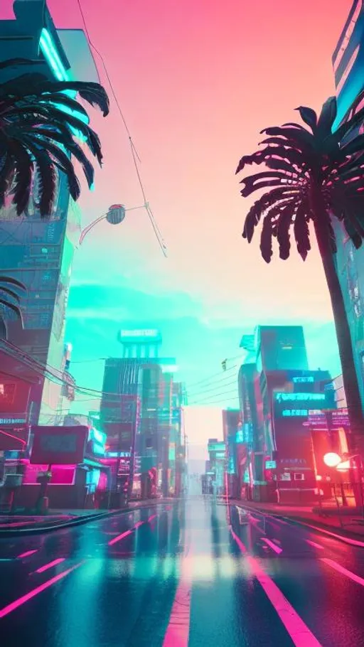 Prompt: vaporwave city, neon lighting, beautiful sunset, palm trees, Retro, high quality, 4k, visible sun