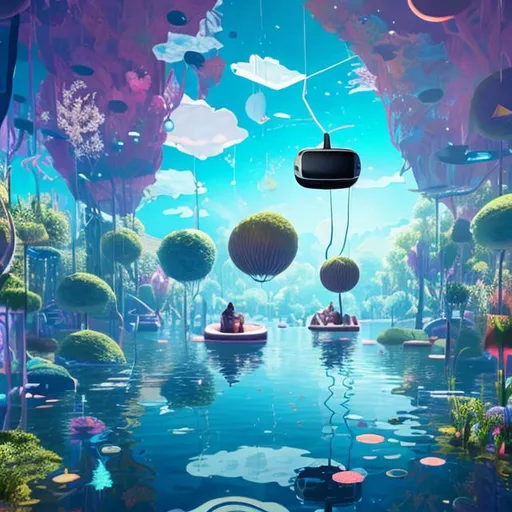 Prompt: An array of floating worlds representing VR experiences.