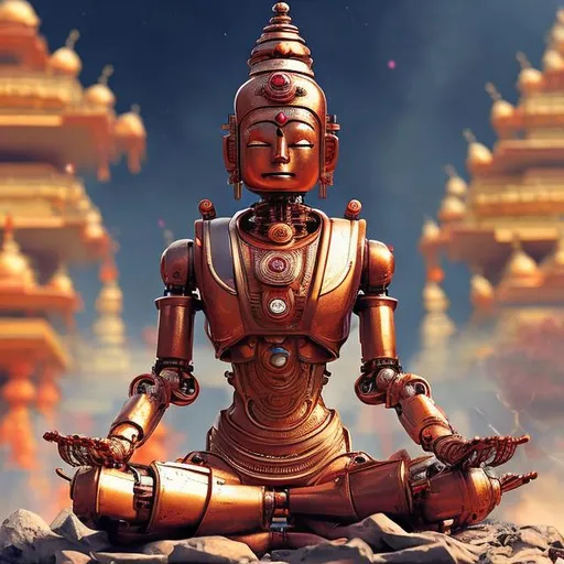 Prompt: a robot meditating hindu style, explotion at the background