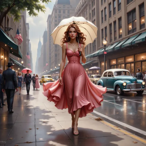 Prompt: a woman in a dress and umbrella walking in the rain on a city street with cars, Art Frahm, american scene painting, kinkade, an art deco painting