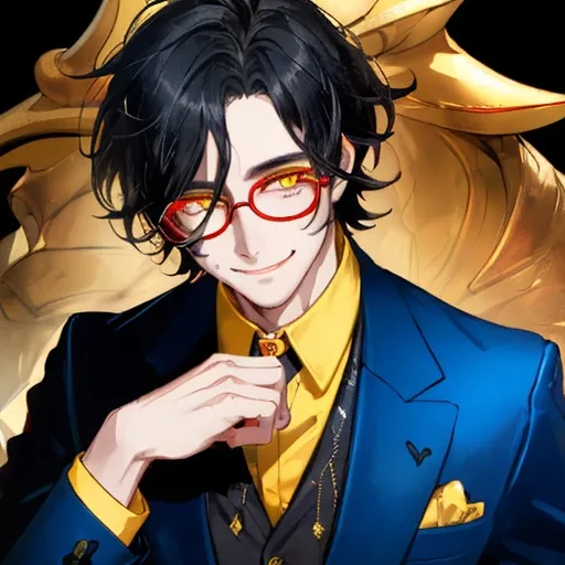 Prompt: Kind and smiling man with messy black hair and golden yellow eyes behind red glasses wearing a blue suit.