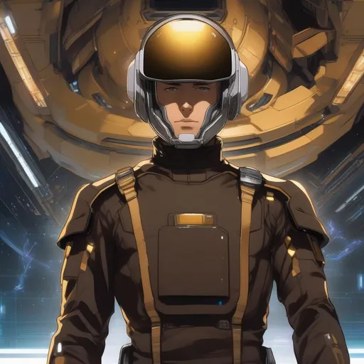 Prompt: From distance. Whole body. Full figure. A Czech male soldier in scifi 20th century uniform.  Cyborg implanted. He has a scifi adrian helmet with a scifi line visor covering his face.  Dark brown uniform with gold details.  In background a space base. Anime art. Hideoki Ano art. Evengelion art. Rpg. Anime style. Akira art. 2d art. 2d. Well draw face. Detailed. Whole figure. Full body. 