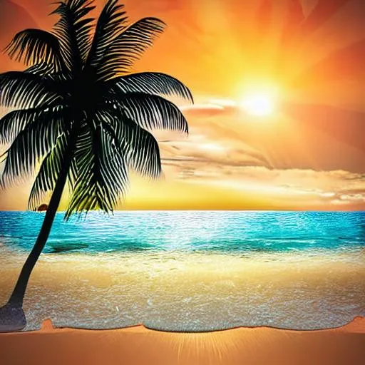 Prompt: beautiful beach, sunset, waves, palm trees, coconut, sea shells, realistic