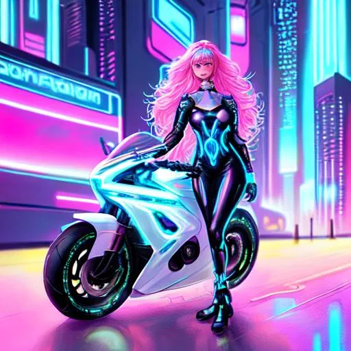 Prompt: Hyper detailed painting realistic Tron motorcycle and a stunning crafty astrophysicist woman in a cute outfit and flowing hair amid a scifi city scene in neon pastel style.