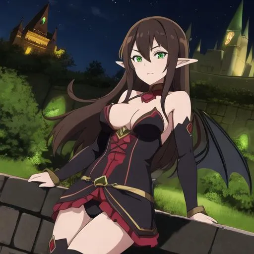 Prompt: succubus Anime elf girl, dark brown hair, green eyes, near a castle at night