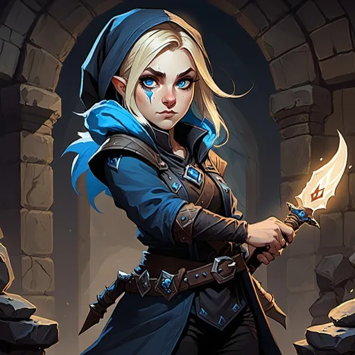 Prompt: dungeons and dragons gnome blonde female cultist, in black clothes with blue accents, and a dagger