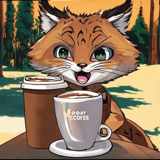 Prompt: anime bobcat holding coffee