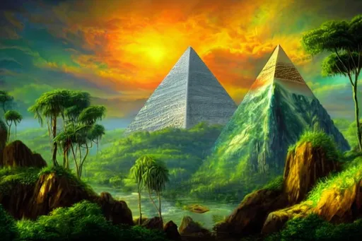 Prompt: Fantasy landscape, pyramid in background, jungle 