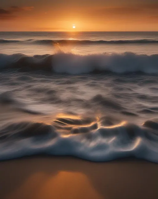 Prompt: A peaceful sunset image overlooking calm ocean waves lapping at the shore ((gently)). Shot at golden hour with warm orange lighting using a Canon 5D Mark IV with a wide angle 16-35mm lens. The mood is tranquil and meditative. In the style of Hiroshi Sugimoto.  