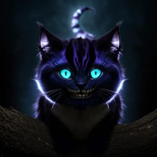Prompt: cheshire  cat, evil, hair black, glowing blue eyes, grinning