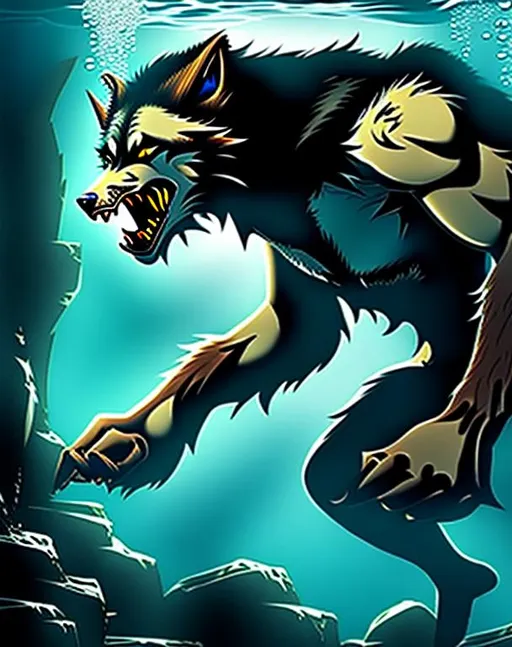 Prompt: Werewolf breathing underwater