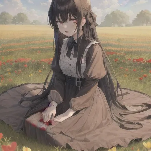 Prompt: Girls on the flowers field, Sunray, best quality, masterpiece, blood, bloody hair, bloody clothes 