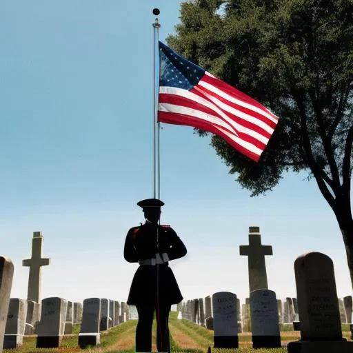 Prompt: a flag waving over the tombstone of a soldier