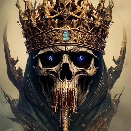 Prompt: Ancient skull of the wizard king wearing a jeweled and rusted crown side view hyper detailed extremely detailed dark cinematic UHD