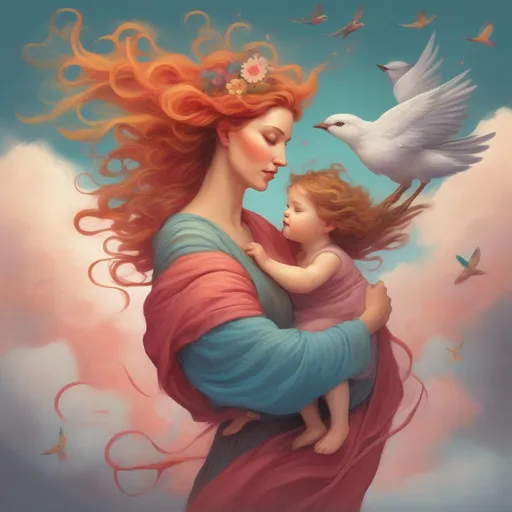 Prompt: A colourful and beautiful Persephone, with her hair being made out of clouds, lovingly cradling her daughter with birds in flight around her in a painted style