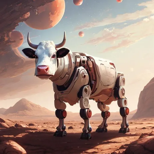 Prompt: a robotic cute cow on mars,space background smooth soft skin, big dreamy  red eyes, beautiful intricate colored hair, symmetrical, anime wide eyes, forest background ,soft lighting, detailed face, by makoto shinkai, stanley artgerm lau, wlop, rossdraws, concept art, digital painting