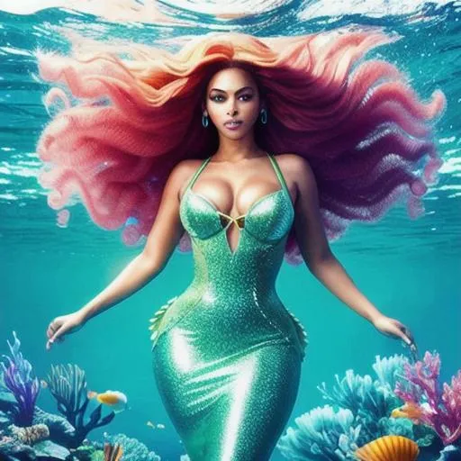 Prompt: beyonce as Mermaid, fluffy red hair, blue eyed, long hair, underwater, green tail, purple shells as top