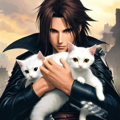 Prompt: Squall from Final Fantasy holding a bunch of kittens