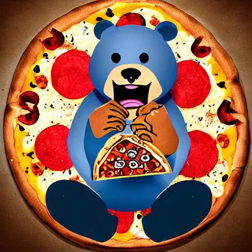 Prompt: Angry gamer bear eating pizza