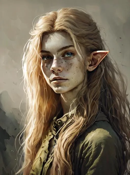 Prompt: UHD, hd , 8k, hyper realism, Very detailed, zoomed out view of character, full character visible.
The portrait features a young woman who is half-elf and half-human, with a striking appearance that suggests a deep connection to nature. She has long, flowing hair that seems to shimmer in the light, with a mix of brown and blonde tones that blend together in a natural way. Her face is symmetrical and graceful, with high cheekbones and a straight nose that give her a regal appearance.

The most striking feature of the woman's face are her eyes, which are a cool, steely gray color that seem to reflect the natural world around her. They are wide and expressive, with long lashes that frame them beautifully. Her lips are full and slightly curved, hinting at a playful and adventurous nature.