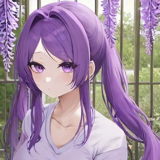 Prompt: pretty anime girl with purple hair, beautiful eyes, anime eyes, long pigtails, simple art, face, wisteria, cute


